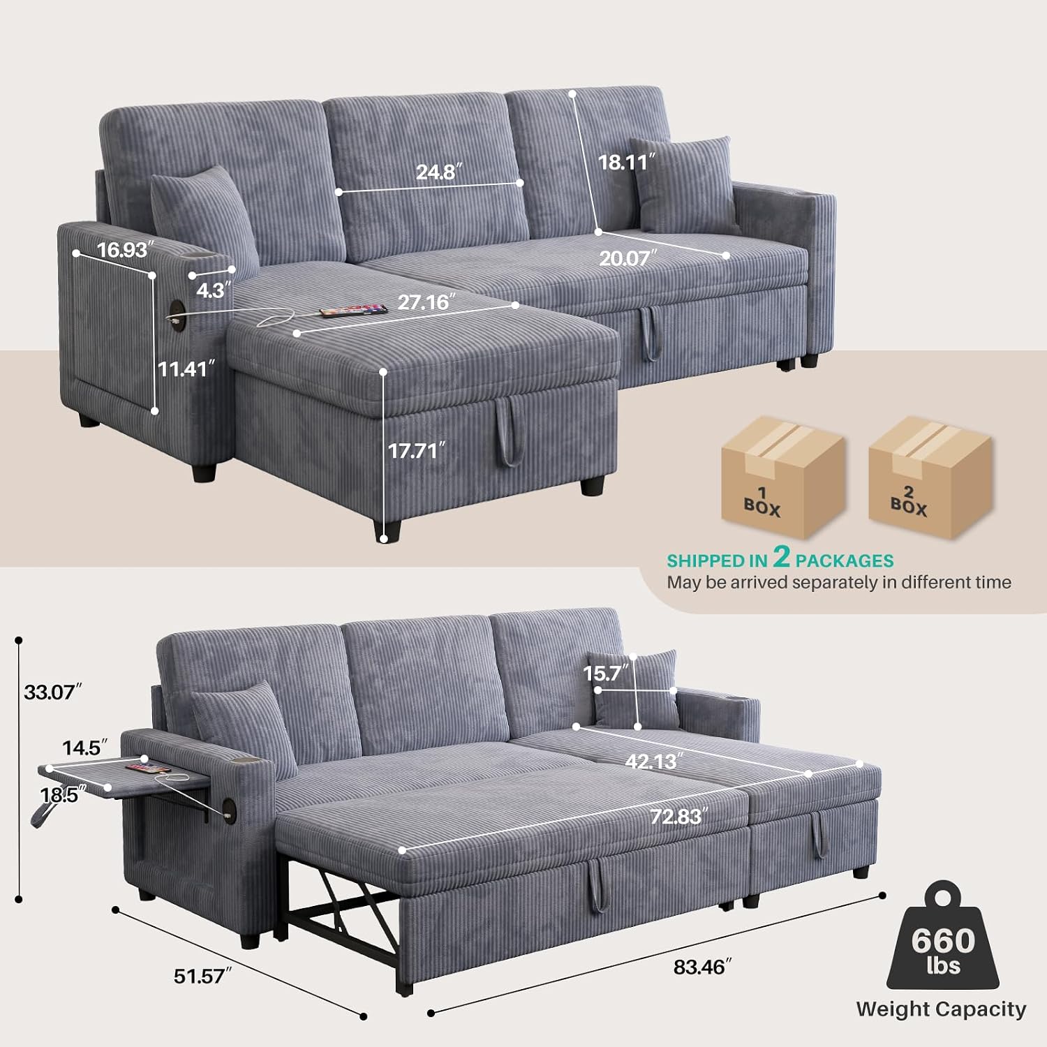 Sleeper Sectional Sofa, 83' Convertible Sofa Bed with Pull Out Couches, Small Desktop, L Shaped Couch with Reversible Chaise, Cup Holders, USB, Modern Corduroy Sofas for Living Room Apartment, Grey