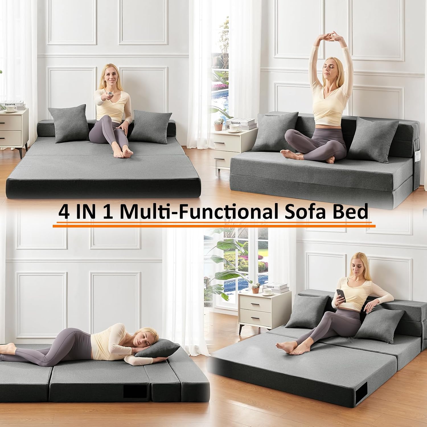JKMAX Queen Size Folding Sofa Bed - 4 in 1 Sleeper Chair with Two Pillows - High Density Memory Foam Futon Couch - Convertible Folding Bed with Washable Modern Linen Cover for Apartment (Dark Grey)