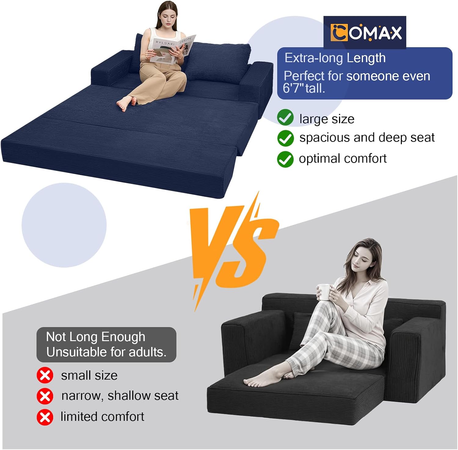 COMAX Convertible Sofa Bed Queen, Corduroy Folding Floor Couch Pull Out Couch Bed Futon Sleeper with Pillows, Fold Out Boneless Sofa Comfy Lounge Mattress Loveseat for Living Room Bedroom, Navy