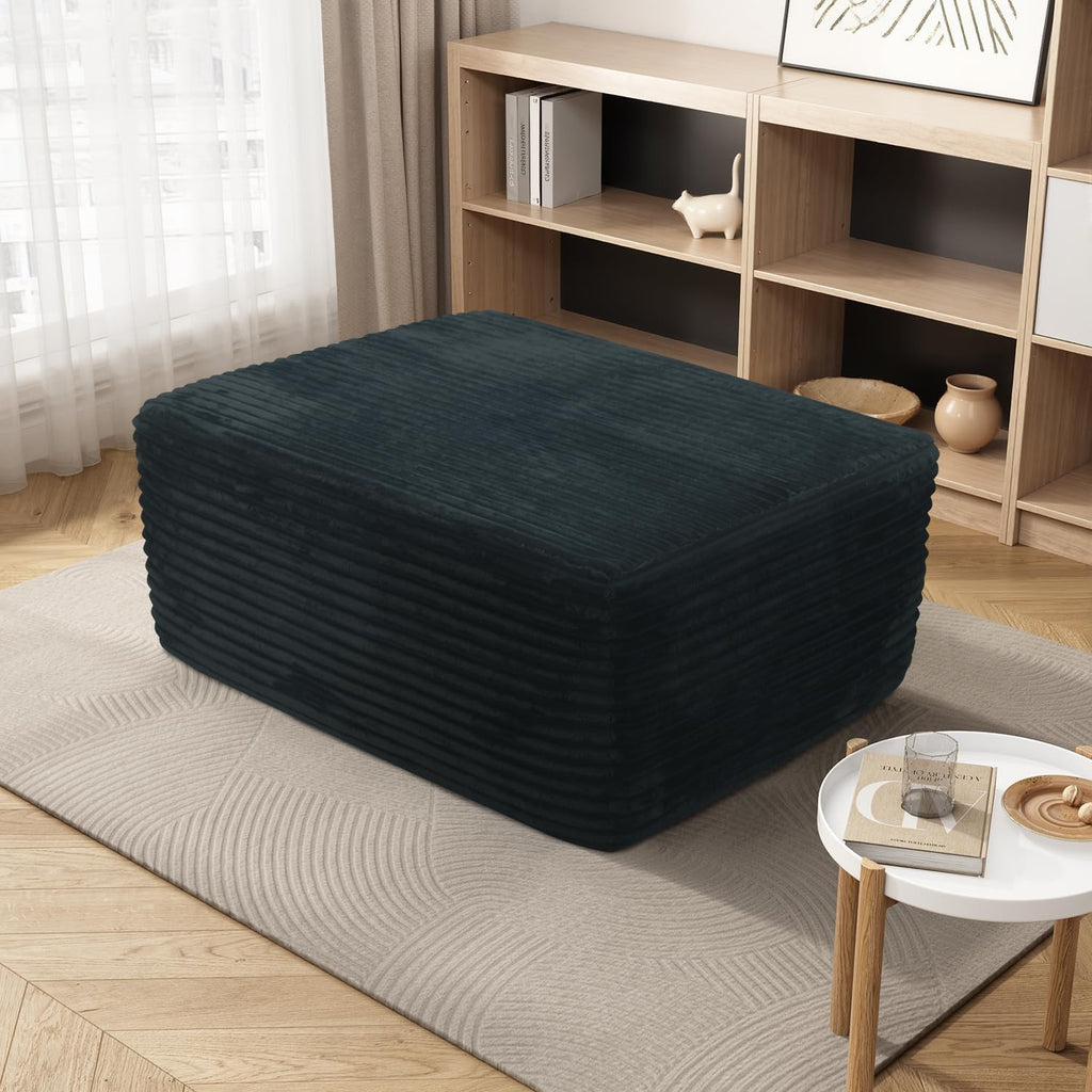 37'' Oversized Ottoman Bench, Plush Corduroy Poufs Foot Tool, Fluffy Boneless Couch Footrest Padded Seat, Seat Cube for Living Room No Assembly (Black)