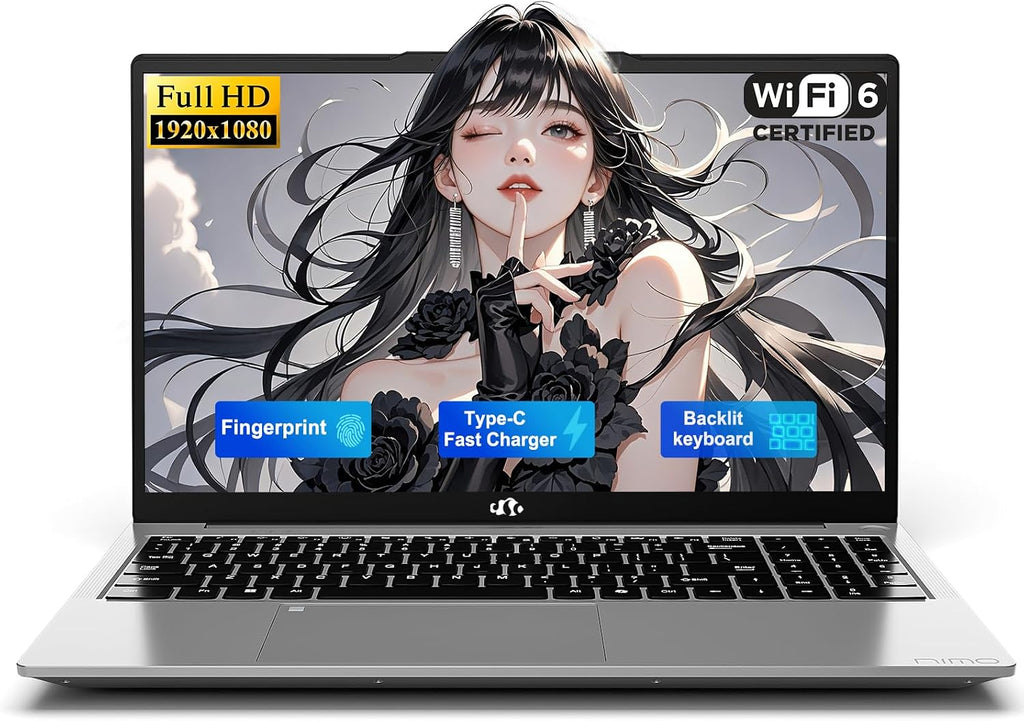 NIMO 15.6' FHD Student Laptop, Quad-Core(Beats i3, up to 3.6GHz), 8GB RAM 256GB SSD, Computer with 65W PD Fast Charging, Backlit Keyboard, Fingerprint, Wi-Fi 6, for College Study and Business Home