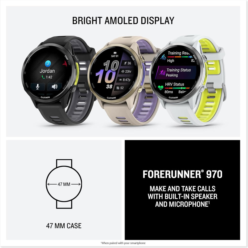 Garmin Forerunner 970 Premium Triathlon GPS Smartwatch, Titanium | Bright AMOLED Display, Built-in Mapping, Training Readiness with Signature Series Modern Power Stand Bundle