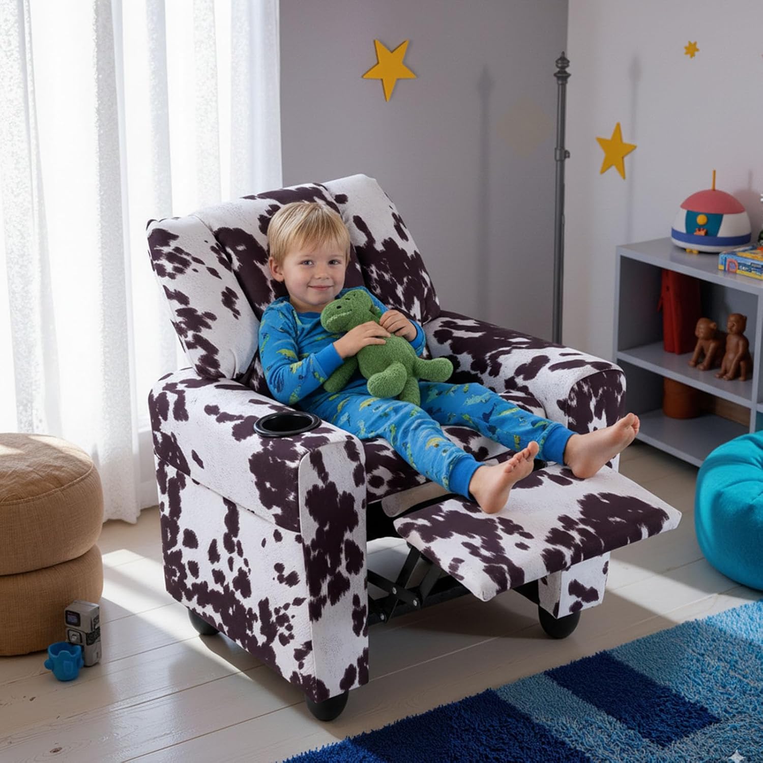 GLACER Kids Recliner with Cup Holder, Velvet Toddler Lounge Chair w/Adjustable Backrest & Footrest, Spring-Loaded Seat Cushion, Push Back Toddler Sofa for Boys & Girls Ages 3+ Years Old (Cow)
