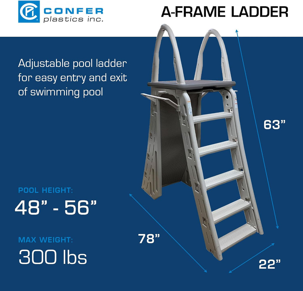 Confer Plastics 7200 Roll Guard 48' to 56' Adjustable A Frame Safety Above Ground Outdoor Patio Swimming Pool Platform Ladder with Step Barrier, Gray Deck & Tambour