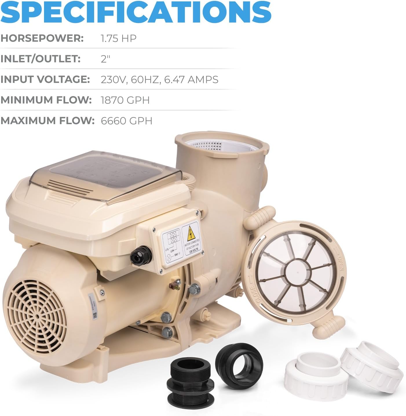 XtremepowerUS 1.75 HP Variable Speed Swimming Pool Pump 230V, In-Ground Pool, 6,660 GPH High Performance Max 1.75HP with Adapter Fitting Set (Inlet Fitting 1.5' / 2')
