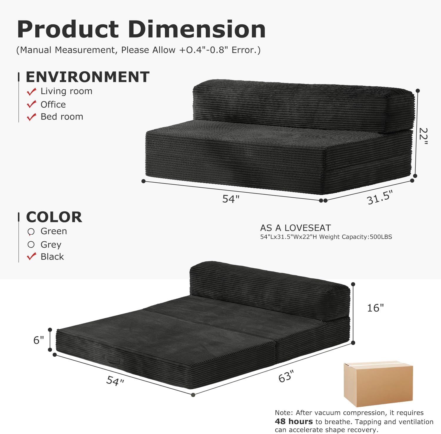 Folding Futon Sofa Bed Full Size, 6 inch Convertible Floor Couch Bed with Removable Corduroy Cover, Pull Out Couch for Small Spaces High-Density Foam,Black