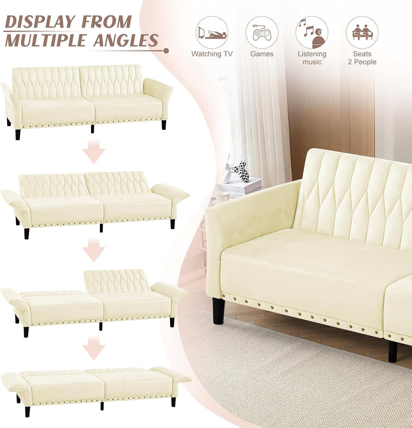 77' Velvet Sofa Bed with Adjustable Armrests and Backrests,Tufted Convertible Futon Couch with Nailhead Trim, Loveseat Modern Velvet Sleeper Sofa for Living Room,Bedroom,Office, Beige