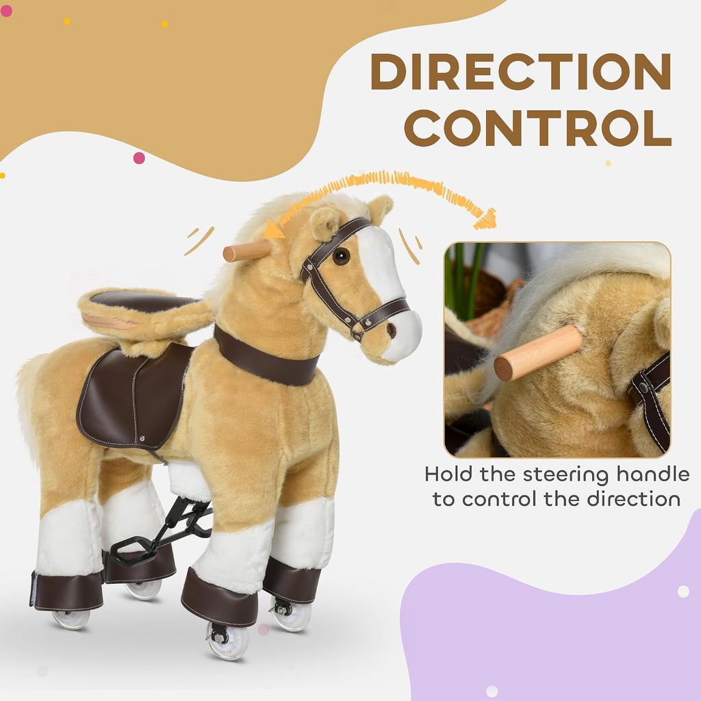 Qaba Ride on Horse, Plush Walking Horse Toy, Kids Riding Chair with Wheels for Kids 3-8 Years, Light Brown