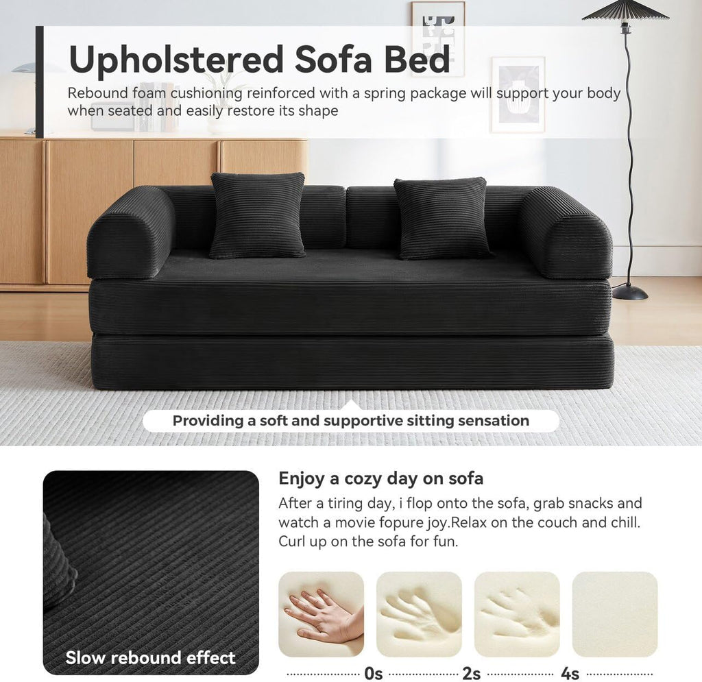 Convertible Sleeper Bed with 2 Cylindrical Pillow, Comfy Foldable Bed Compressed Sofa in Box, Floor Sofa Lounge Couch for Living Room Bedroom Lounge Studio, Tool-Free Assembly (Black)