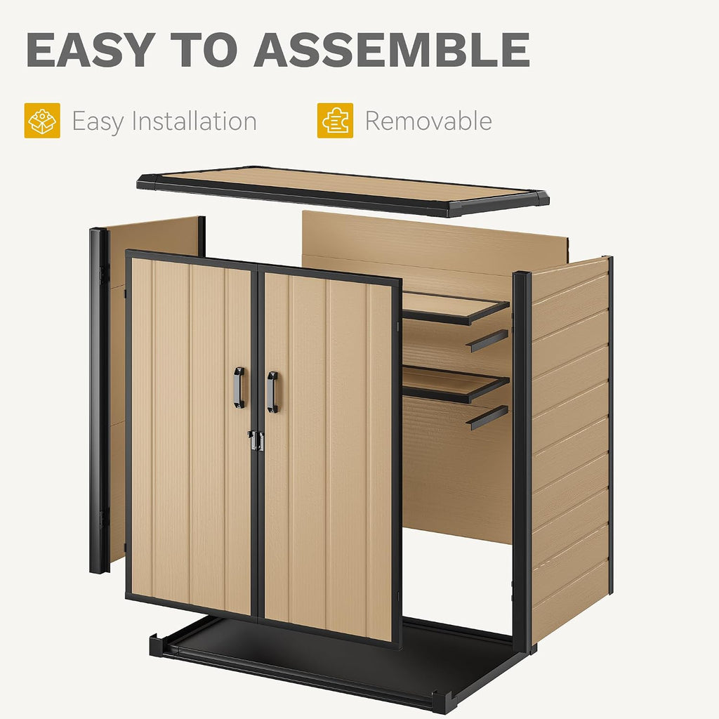DWVO 4.2x2.6ft Outdoor Storage Shed with 2 Shelves, 54 Cu Ft Waterproof Resin Garden Shed with Floor & Lockable Door, Plastic Tool Cabinet for Garbage Cans, Lawn Equipment, Garden Supplies (Brown)