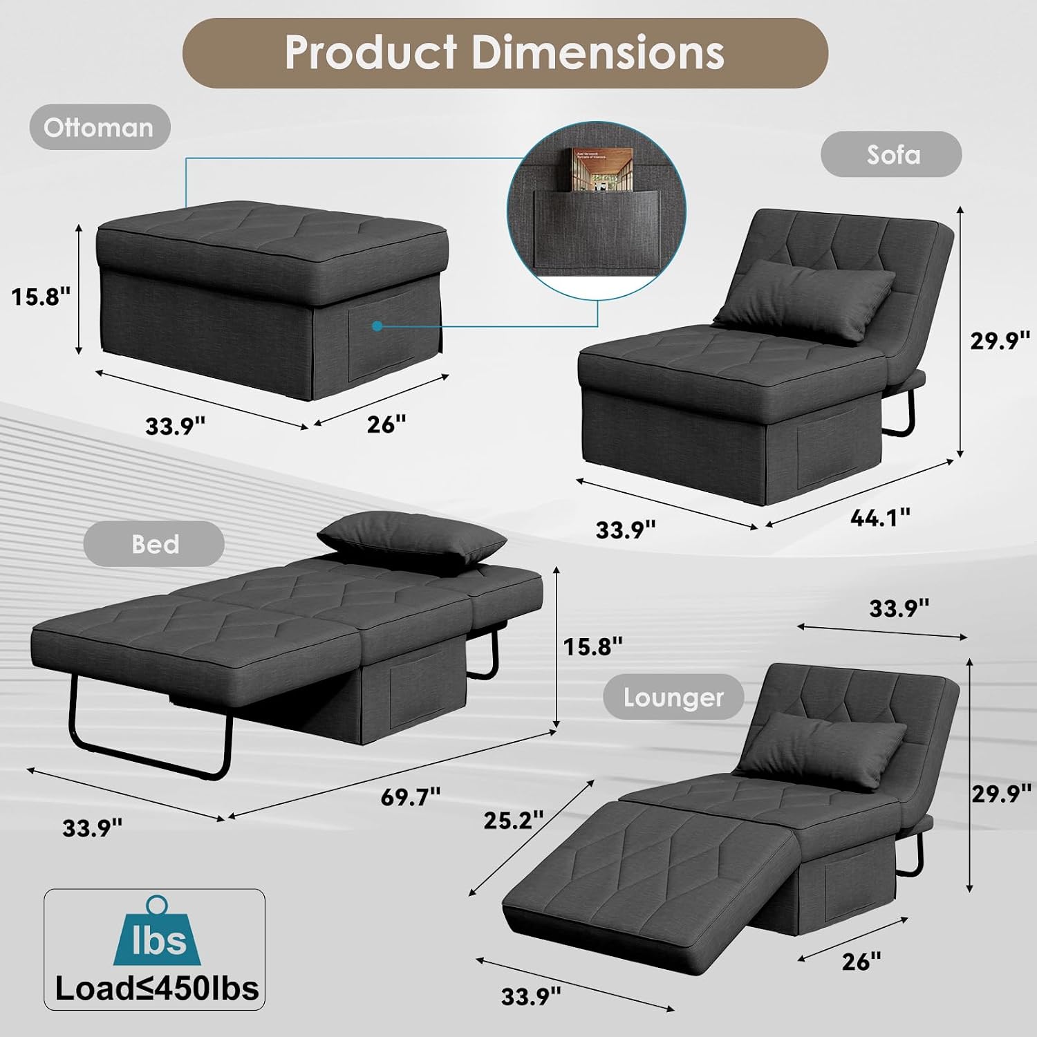 Ottoman Bed with 5-Level Adjustable Backrest, 70' D x 34' W 4-in-1 Convertible Sleeper Chair Bed, Folding Sofa Bed for Living Room, Apartment, Dorm & Small Space, Dark Grey