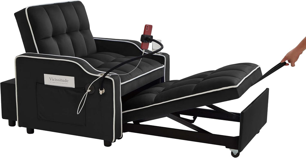 Convertible Sofa Bed, 3 in 1 Futon Sofa Bed with USB Charging Ports, Cup Holder, Phone Stand & Pocket, Modern Upholstered Sleeper Sofa for Living Room, Apartment or Small Space (Black)