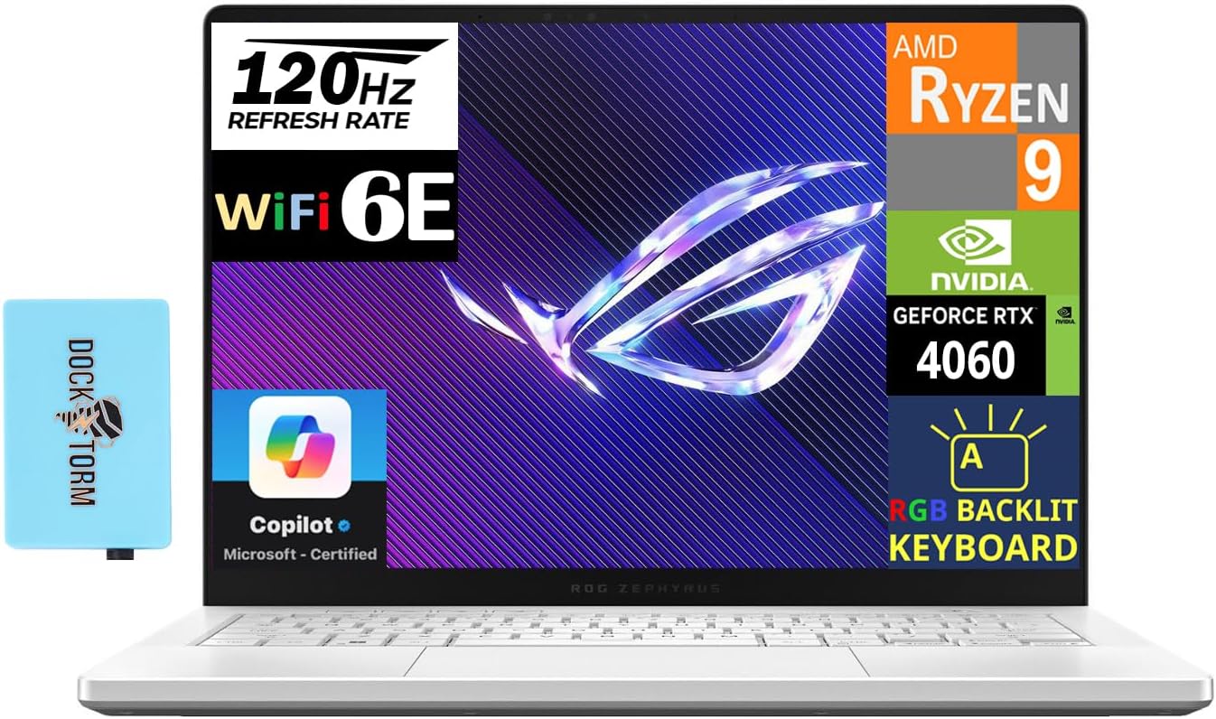 ASUS ROG Zephyrus G14 14.0' OLED Gaming Laptop (Ryzen 9 8945HS, RTX 4060, 16GB RAM, 1TB SSD, RGB Backlit Keyboard, WiFi 6E, Micro SD, Win11H) W/Dockztorm