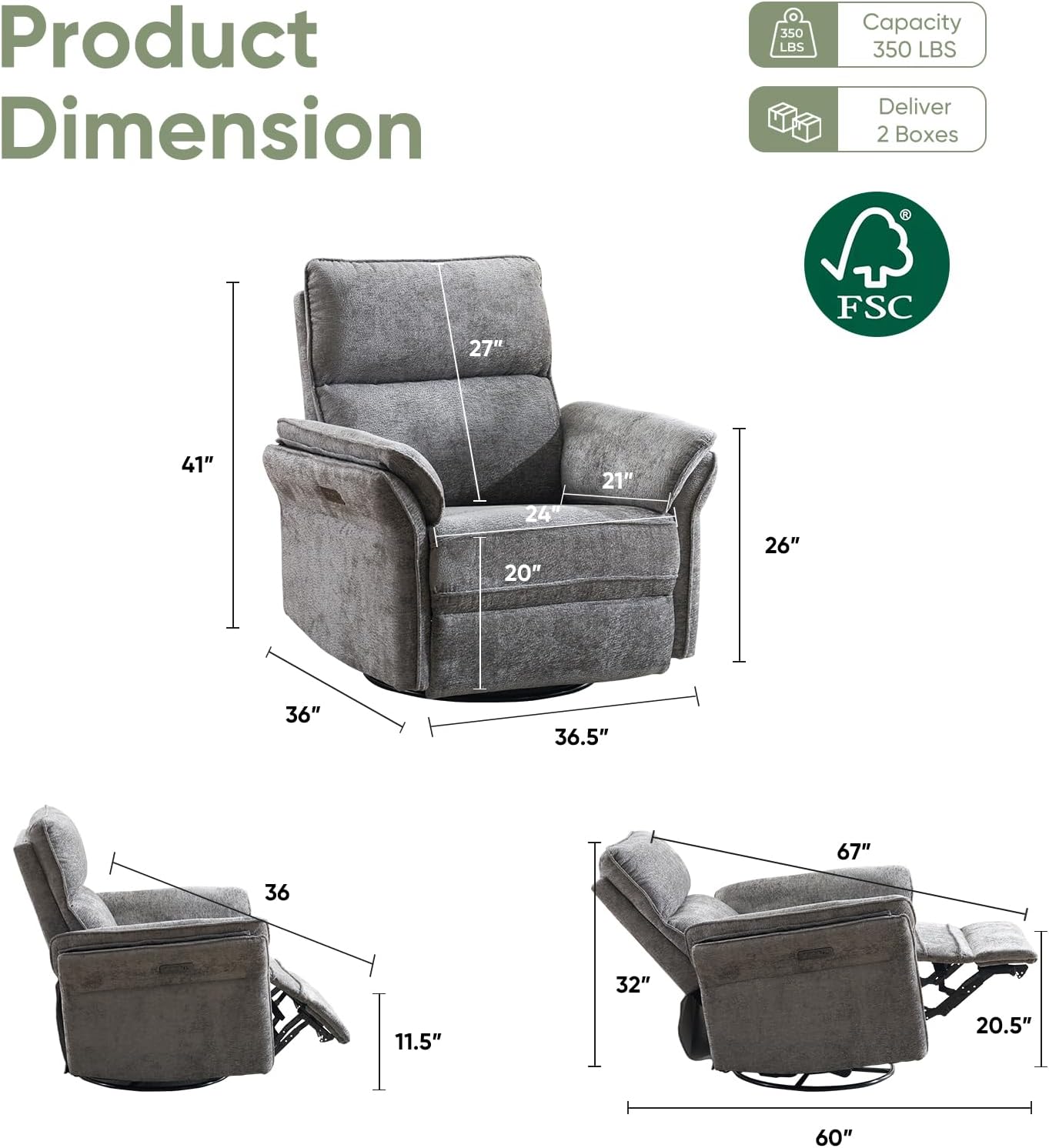 Power Swivel Rocker Recliner, Glider Recliner Nursery Chair with Massage and Heat, Nursery Rocking Chairs with Adjustable Headrest for Living Room，USB Ports,Side Pockets,Chenille Grey