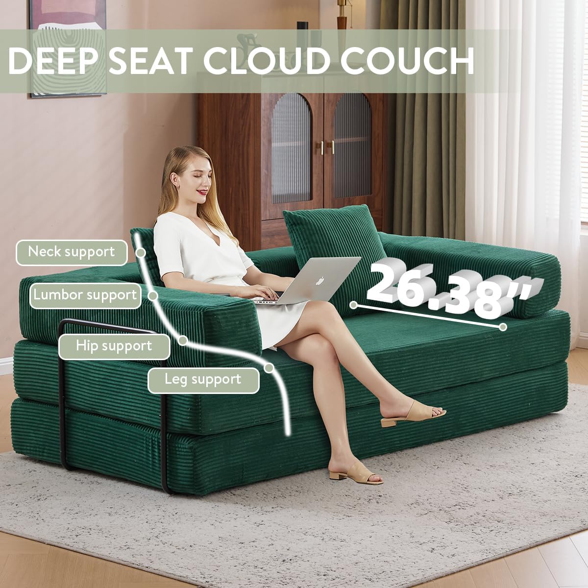 4-in-1 Convertible Folding Sleeper Sofa Bed, Fold Out Floor Sofa Couch with Fixed-Shape Frame, Cloud Corduroy Foldable Mattress Couch for Living Room Bedroom (78.5' Corduroy, Dark Green)