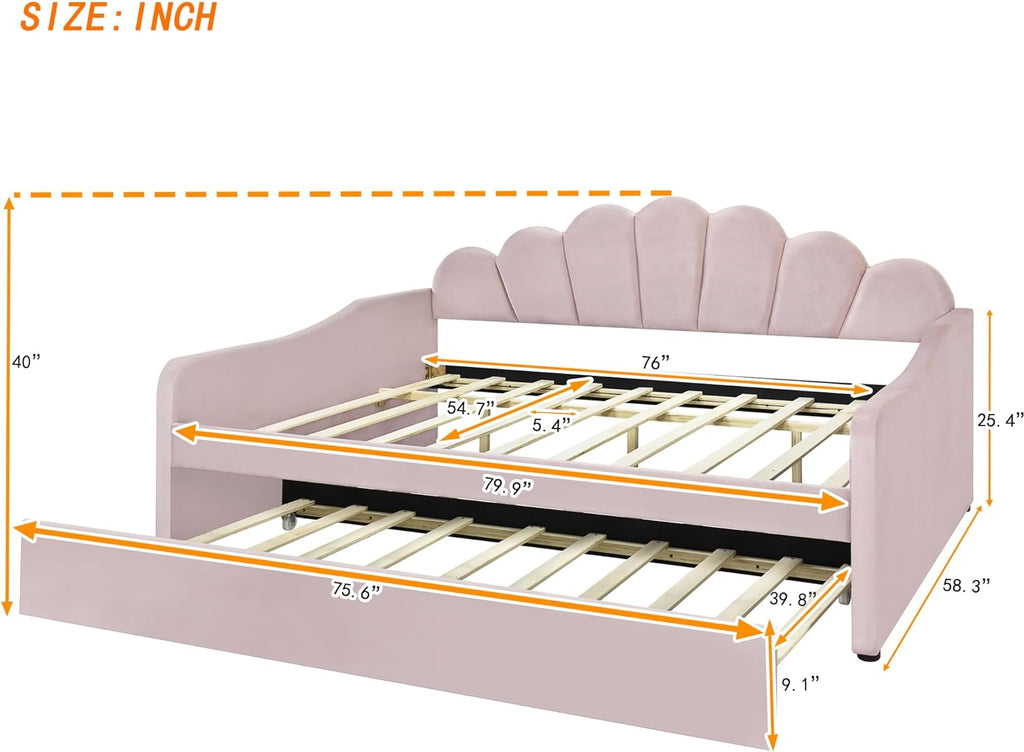 Bellemave Full Size daybed with Trundle, Sofa Bed Full Size, daybed with Trundle for Adults, Kids, Girls, Teens, Trundle Bed for Living Room, Velvet, Pink(Mattress not Included)