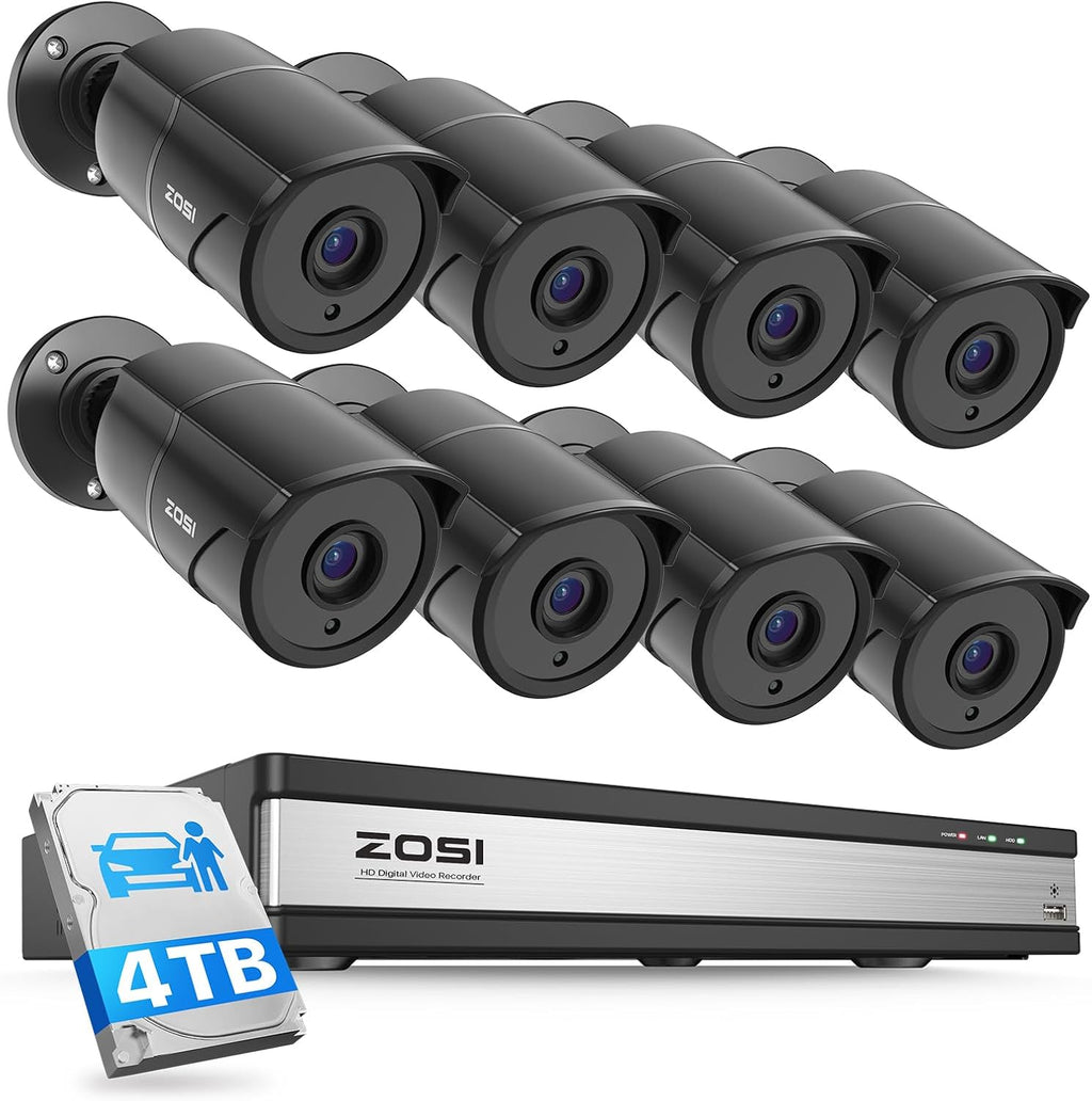 ZOSI 16CH 3K Lite Security Camera System with Audio, AI Human/Vehicle Detection, Night Vision, 8 x 1080P Metal Weatherproof Wired Cameras, 16 Channel Surveillance DVR with 4TB HDD for 24/7 Recording