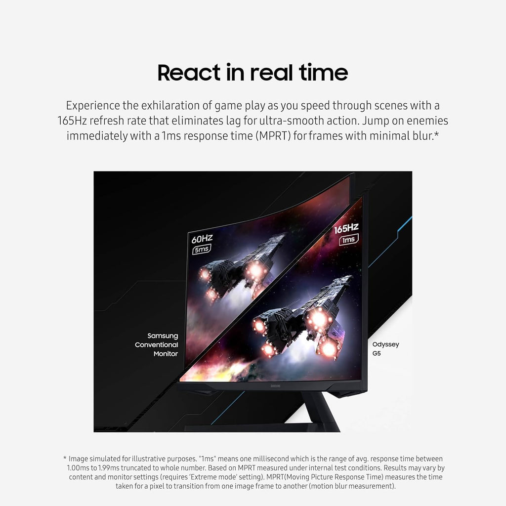 Samsung 27' Odyssey G5 QHD Gaming Monitor | 165Hz, 1ms | 1000R Curved VA Panel | AMD FreeSync, HDR10 | Minimized Eye Strain | w/Hdmi