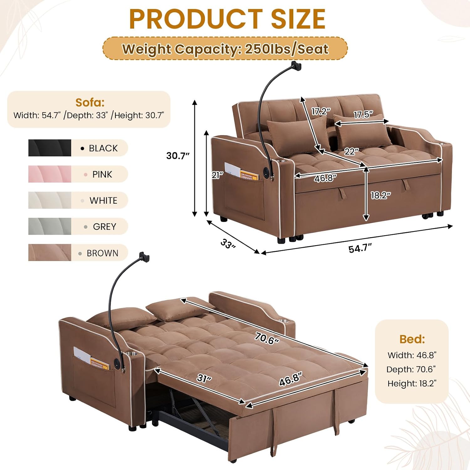 Sleeper Sofa Couch Bed with Phone Holder, Modern 3-in-1 Convertible Velvet Pull Out Loveseat Futon Sofa with USB & Type C Port & Cup Holder for Living Room Bedroom Office