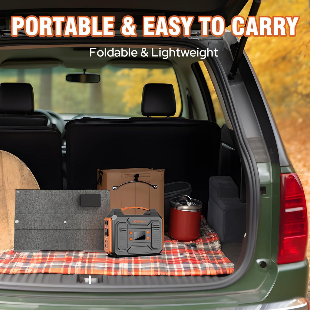 300W Portable Power Station with Foldable Solar Panel 60W, Portable Solar Power Generator with Panels, Camping 65W 110V Power Bank with AC Outlet for Laptop Smart Device RV Outdoor Power Outage