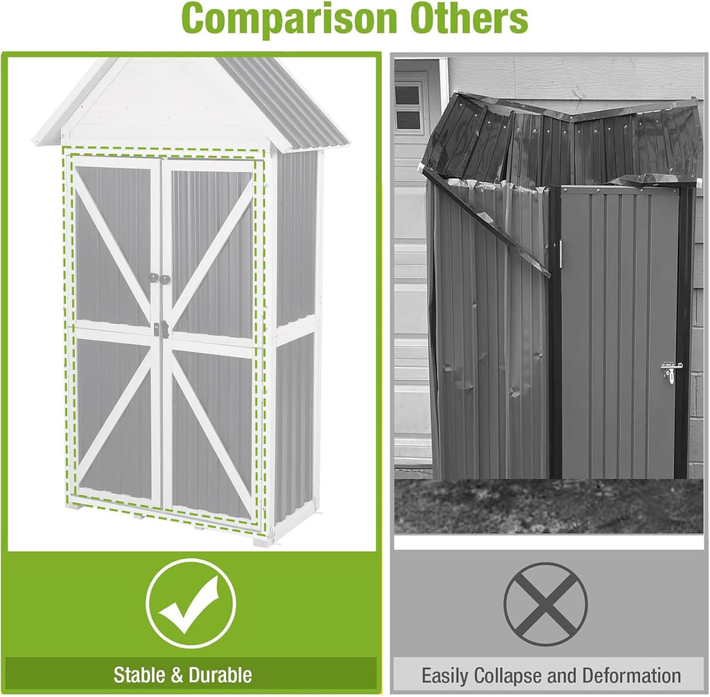 GUTINNEEN Outdoor Storage Shed with All Around Strong Metal Frame, Wooden Tool House with Floor & Adjustable Shelves, Garden Tool Sheds Cabinet for Backyard Garden Patio Lawn 67.1' H (Black＆White)