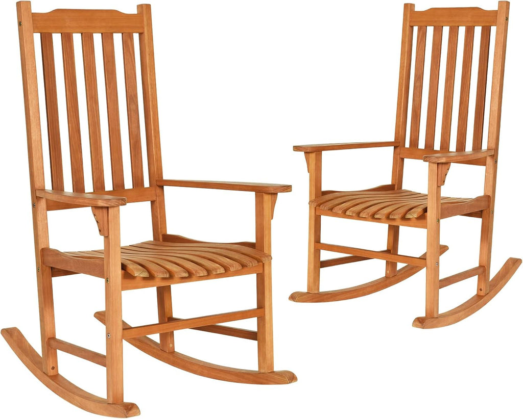 Tangkula Set of 2 Patio Rocking Chair, Indoor Outdoor Wooden Rocker Lounge Chair for Porch Garden Backyard Balcony, Rustic High Back Armchair w/Heavy-Duty 350 LBS Weight Capacity