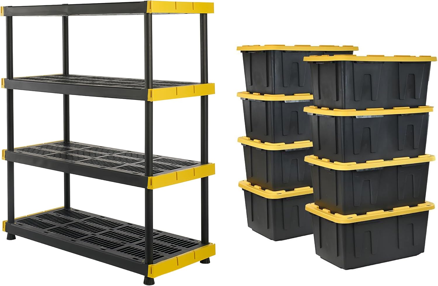 CX Black & Yellow 4-Tier Heavy Duty Storage Shelves and 8 Heavy Duty Storage Bins with Lids, 4 Shelves that Support up to 200lbs/shelf + 27 Gallon Containers (8-Pack), Organization and Storage