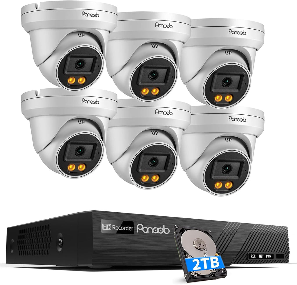 5MP NVR Security Camera System, 6PCS Wired 5MP IP Surveillance Dome Turret Cameras with Person Detection, Smart Dual Lights Color Night Vision, 4K 8 Channel PoE NVR 2TB HDD, PD93BA0608-5MDF