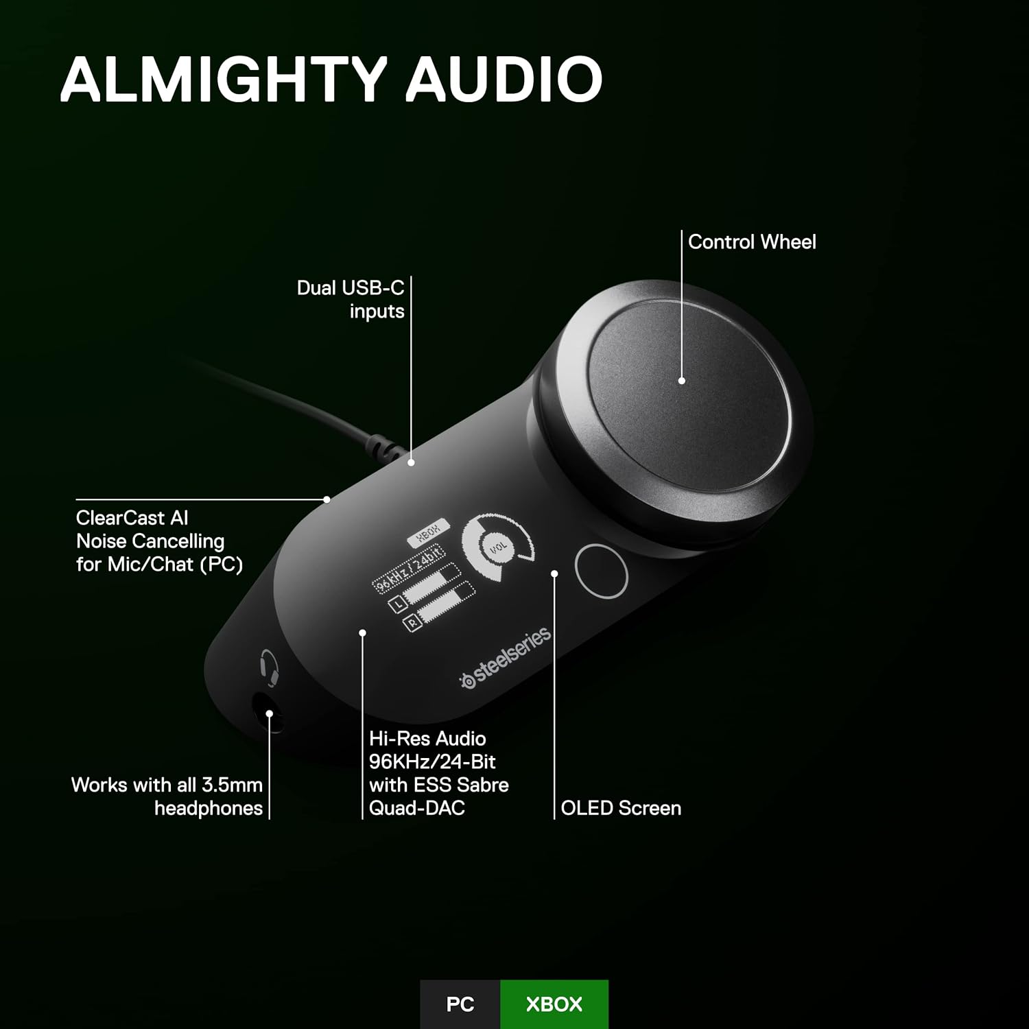 SteelSeries GameDAC Gen 2 Hi-Res Audio Amplifier - ESS Sabre Quad-DAC - AI Noise Cancellation - 360° Spatial Audio - Hi-Res Certified - PC, Xbox, PS5, PS4
