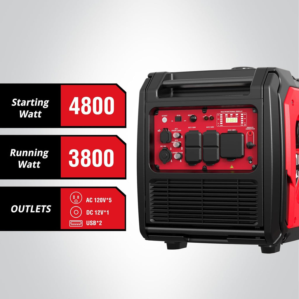 PowerSmart 4800W Portable Inverter Generator, Gas Powered Quiet Inverter Generator with Electric Start & CO Alarm, 223cc Engine Eco-Mode RV Ready for Home Backup, Camping, Tailgating