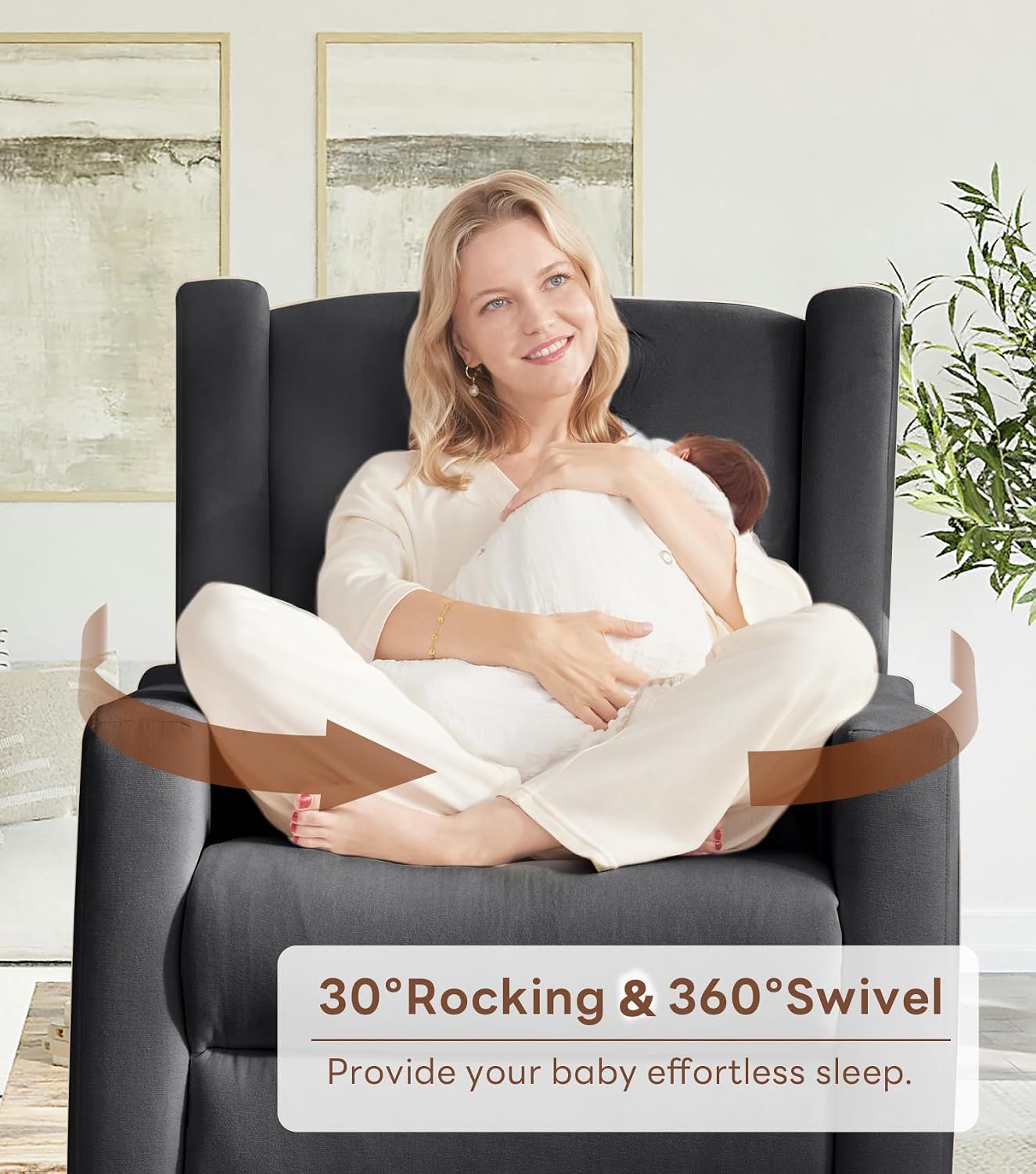 Tbfit Nursery Rocking Chair, 360° Swivel Recliner Chair with Lumbar Support for Bedroom, Comfy Upholstered Armchair with Pillows & Footrest for Living Room & Baby Room