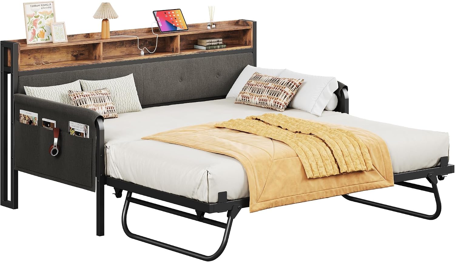 LIKIMIO Daybed with Trundle, Twin Bed Frame with Upholstered Headboard and Charging Station, Sofa Day Bed with Strong Supports for Living Room, Bedroom and Guest Room, Black
