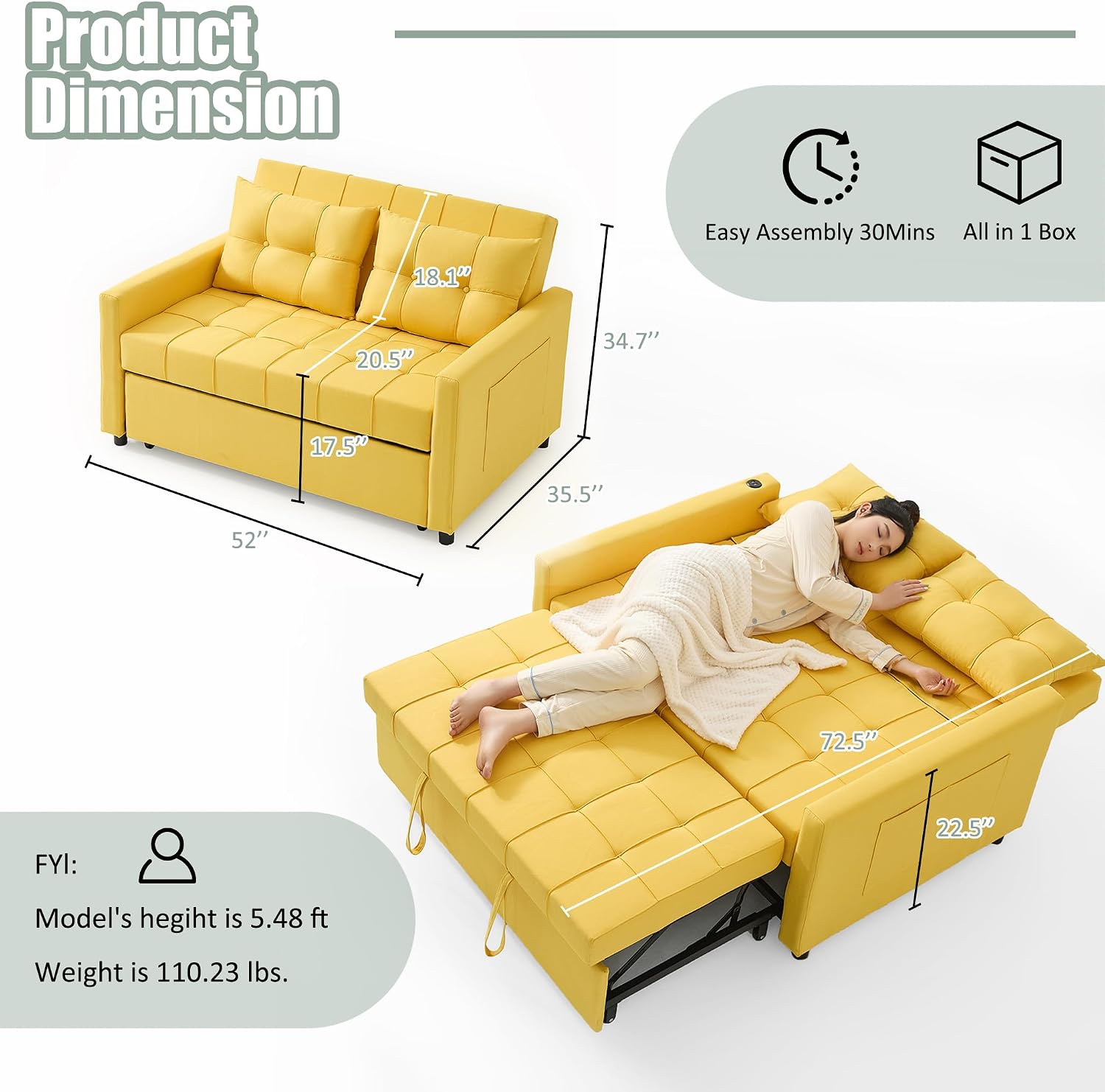 GOSUHI 52' Sleeper Sofa with Pull-Out Bed, 3-in-1 Convertible Sofa Bed, Set of Loveseat with Stepless Adjustable Backrest and Side Pocket, for Living Room Dorm Apartment, Linen, Yellow