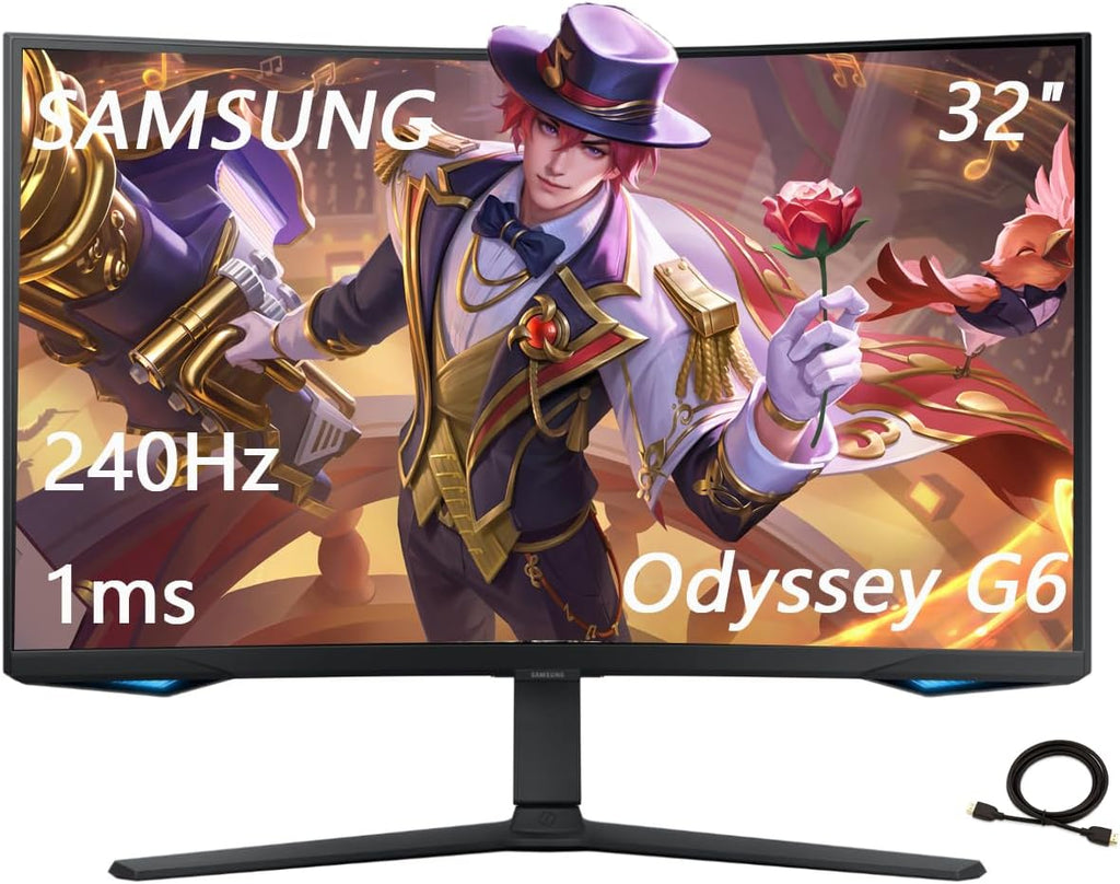 Samsung 32' Odyssey G65B Series QHD Gaming Monitor, 1000R Curved, 240Hz, 1ms, Smart TV Apps and Gaming Hub, Swivel & Tilt Adjustable Stand, Black, with HDMI Cable