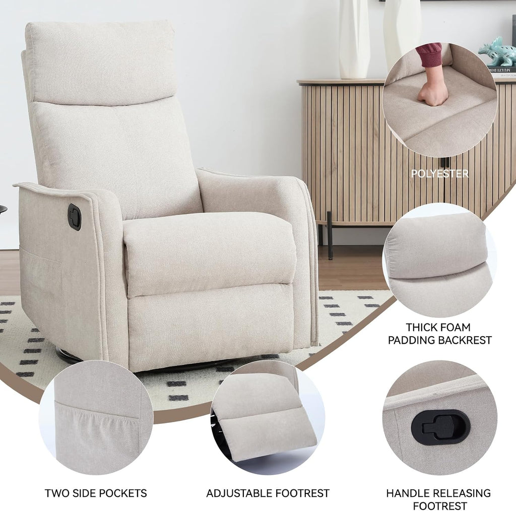 Massage Chair Recliner with Heat, 360° Swivel Glider Rocker with Reclining Backrest and Footrest, Manual Lazy Boy Recliners for Adults, Modern Nursery Rocking Chairs (Beige)