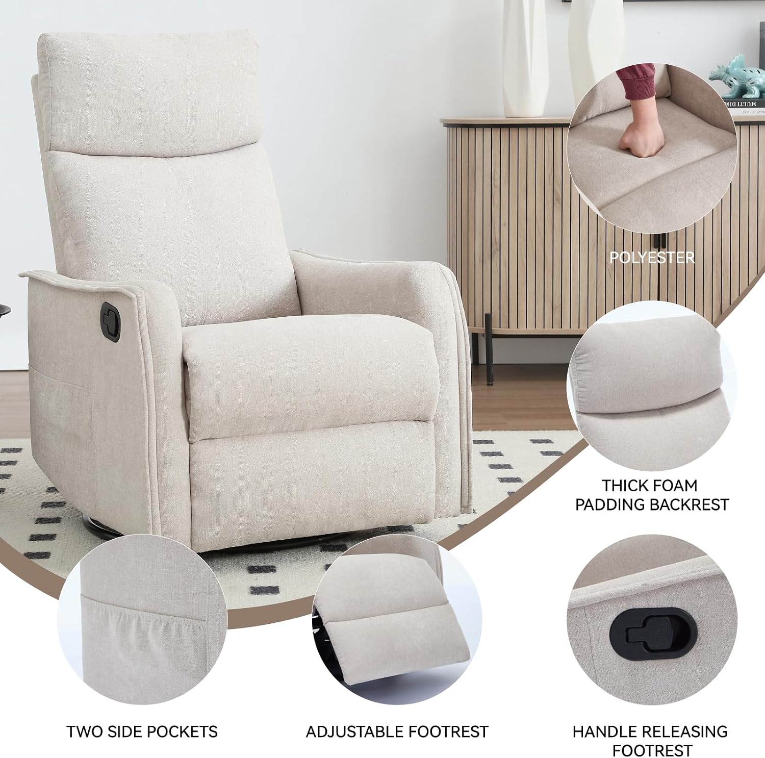 Massage Chair Recliner with Heat, 360° Swivel Glider Rocker with Reclining Backrest and Footrest, Manual Lazy Boy Recliners for Adults, Modern Nursery Rocking Chairs (Beige)