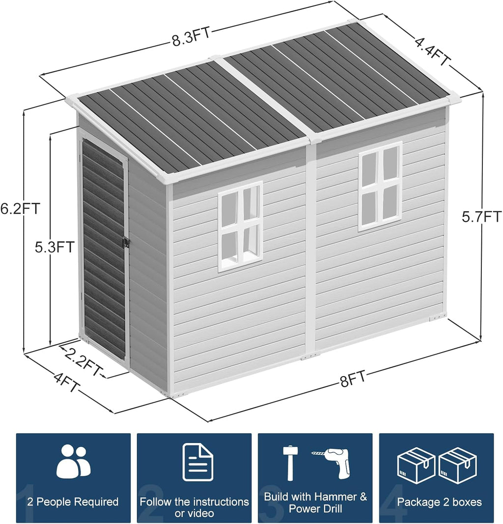 Restland 8x4 FT Resin Storage Shed with Floor Window for Outdoor Garden Waterproof Plastic Sheds Kit for Backyard Tool Storage, Gray