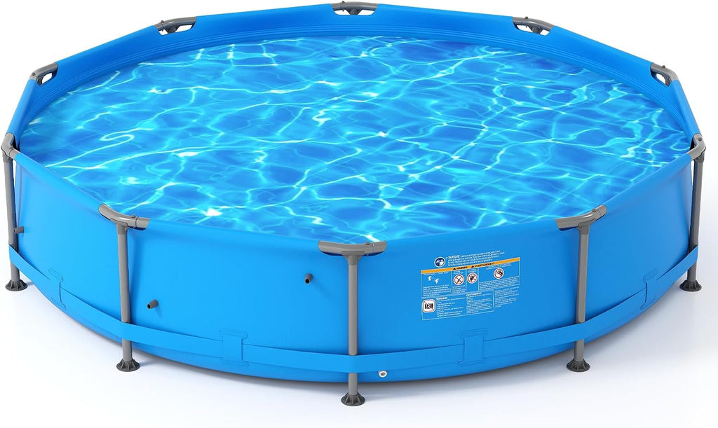 GYMAX 12ft x 30in Metal Frame Above Ground Swimming Pool, Outdoor Backyard Famliy Pool Set with Puncture-Resistant Fabric, Drainage Valve Connector for Kids & Adults (12' x 30', Round, Blue)