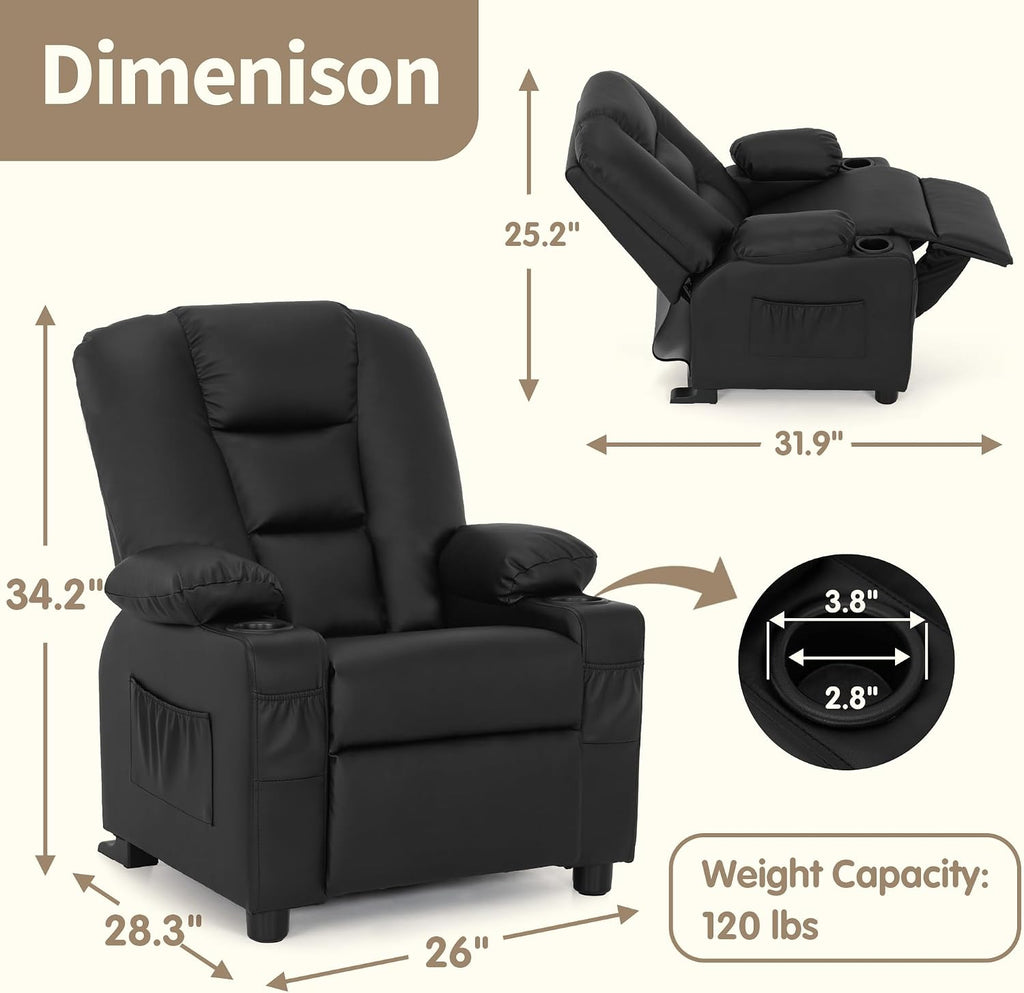 MCombo Big Kids Recliner for Ages 3+, Child Reclining Chair, Toddlers Recliner Sofa with Cup Holders, Faux Leather, 7322(Black)