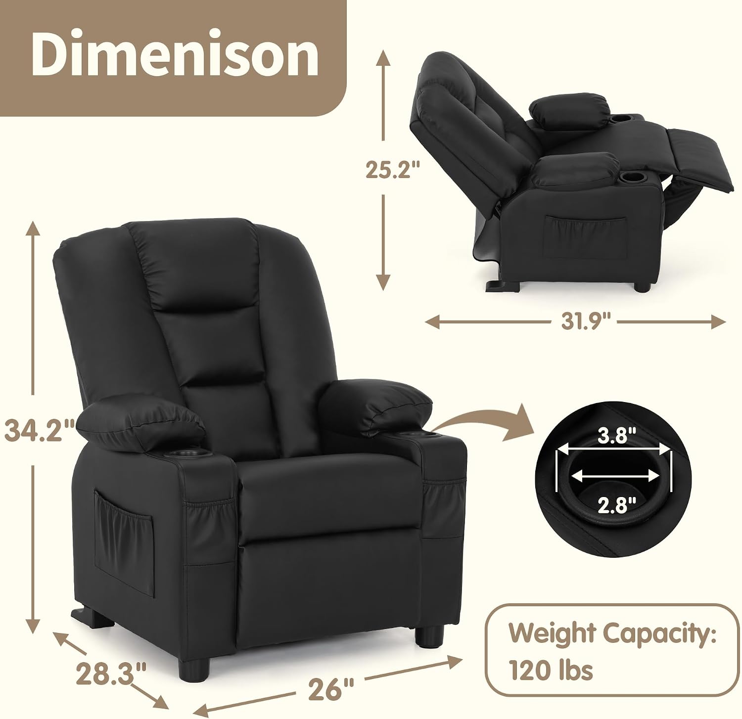 MCombo Big Kids Recliner for Ages 3+, Child Reclining Chair, Toddlers Recliner Sofa with Cup Holders, Faux Leather, 7322(Black)