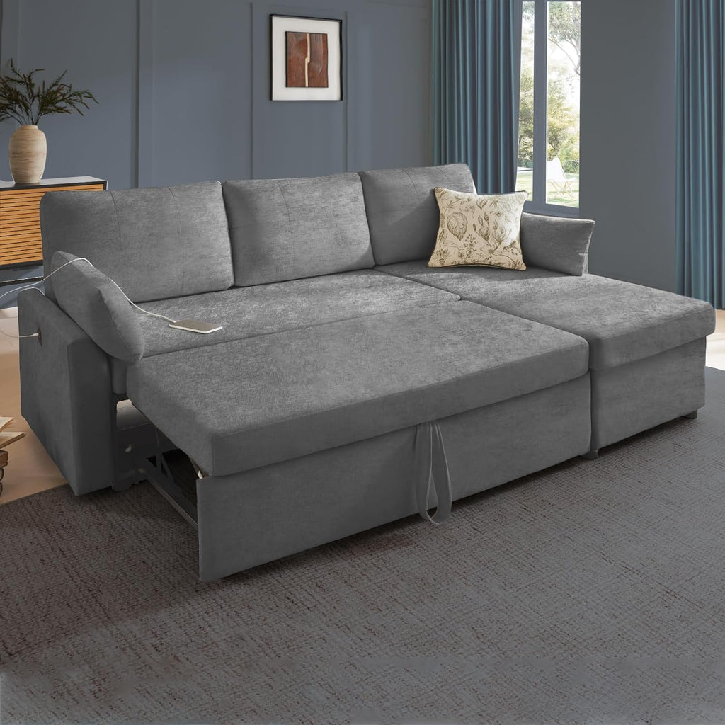 Waxberry 85' L Shaped Sectional Sofa Couch, Pull Out Couch Sleeper Sofa Bed for Living Room, Modular Chenille Deep Seat Sofa, Reversible Chaise, Storage, Side Pockets & USB/Type-C Ports, Dark Gray