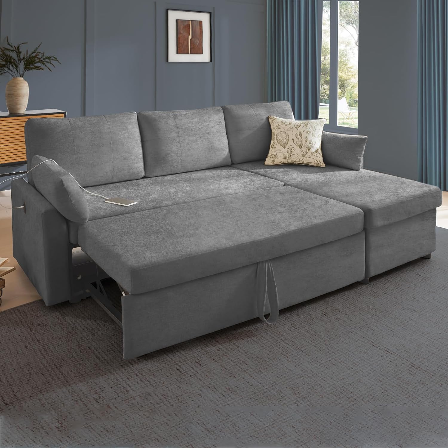 Waxberry 85' L Shaped Sectional Sofa Couch, Pull Out Couch Sleeper Sofa Bed for Living Room, Modular Chenille Deep Seat Sofa, Reversible Chaise, Storage, Side Pockets & USB/Type-C Ports, Dark Gray