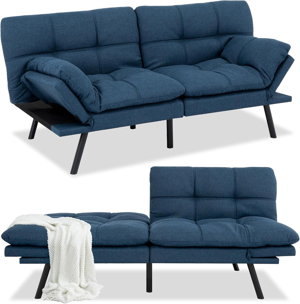 Opoiar Futon Sofa Bed Modern Memory Foam Sleeper Sofa Convertible Navy Couch Adjustable Armrest&Backrest Leather Futon for Living Space,Apartment,Office Sofabed
