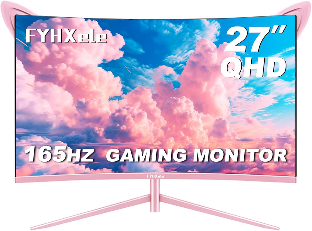 FYHXele FY27QHP Pink Monitor 27 Inch Curved Gaming 165Hz - Support 144Hz 1800R 1ms QHD 2560 x 1440P VA Screen, Built-in Speakers, AMD Free-Sync, HDMI, DP, USB, AUX, Tilt Adjustable