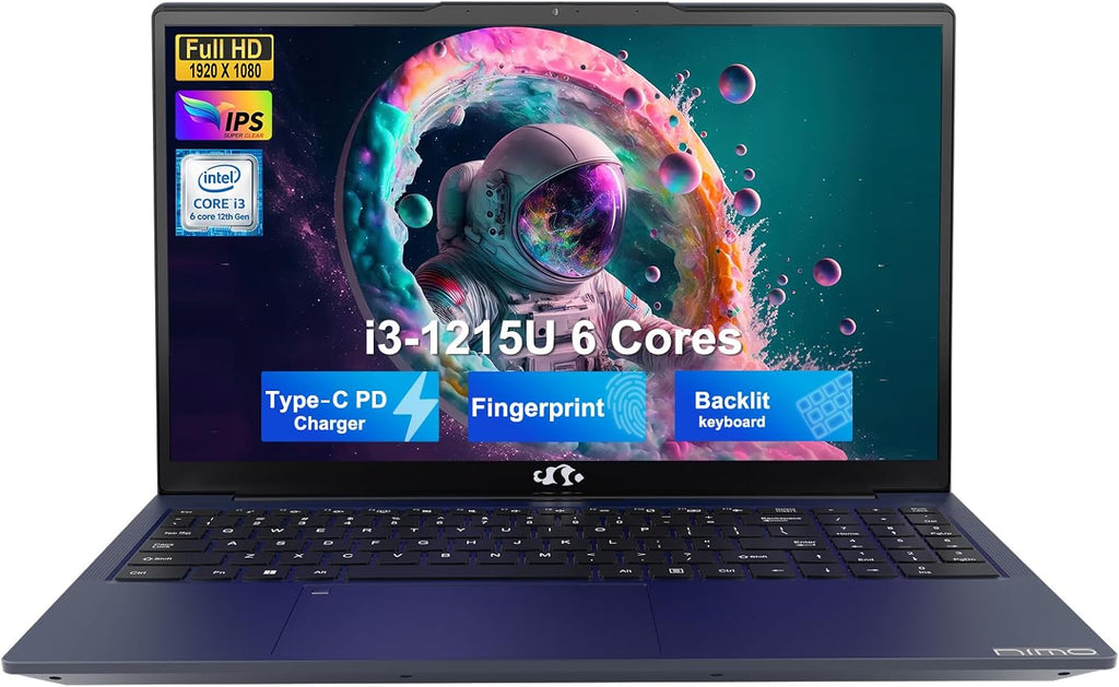 NIMO 15.6' FHD IPS Student-Laptop-Computer - Intel Core i3-1215U(Beat i5-1135G7, 6 Cores Up to 4.4GHz), 16GB RAM 256GB SSD, 65W Type-C, 2 Years Warranty, Fingerprint, Backlit Keyboard, Wi-Fi 6, BT5.2