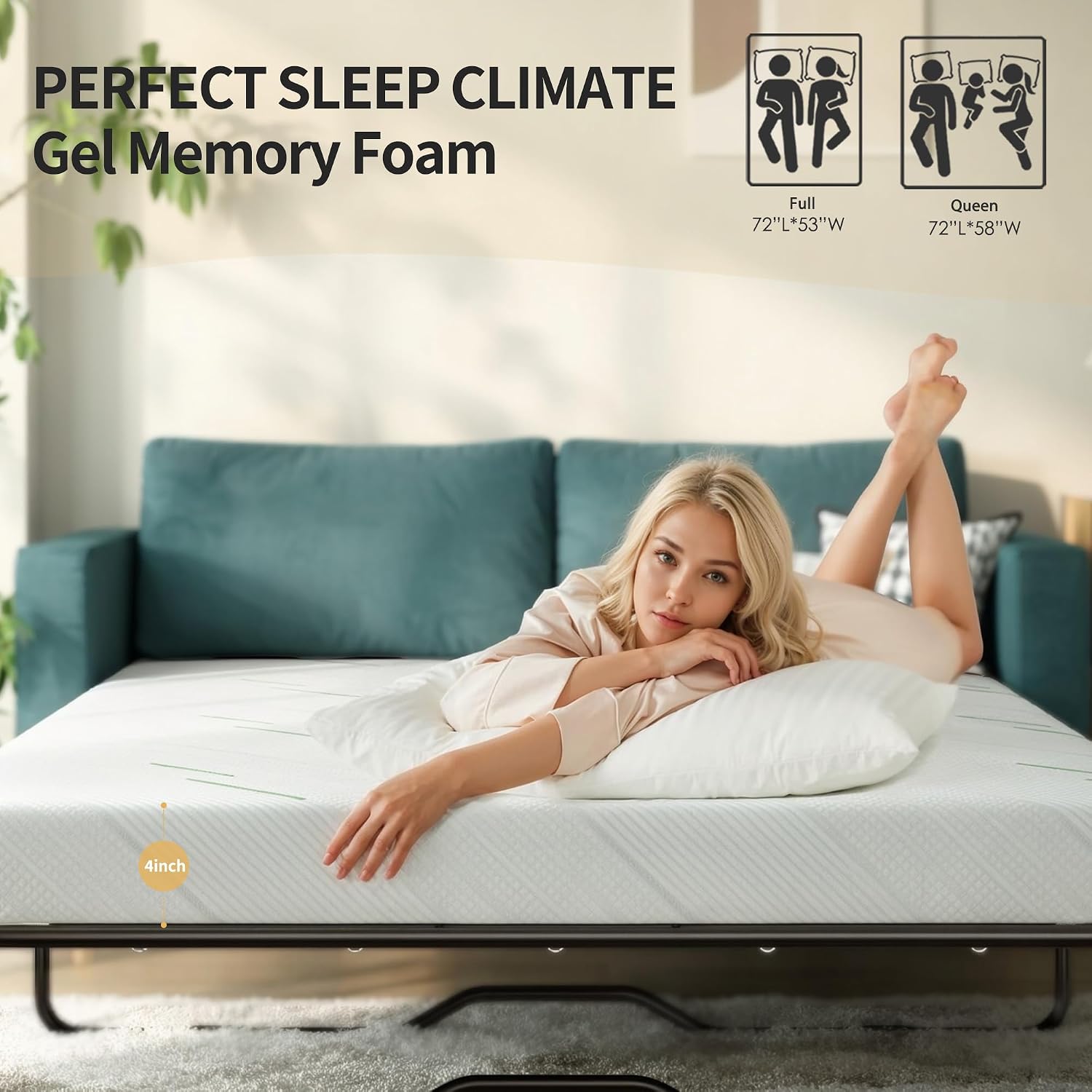 4 Inch Replace Pull Out Sofa Queen Mattress,Queen Size Sleeper Sofa Mattress,Ultra Soft Removable Cover, Non-Slip Bottom, Supportive Seat Pad for RV, Bed, Dorm 58 * 72 * 4 in.