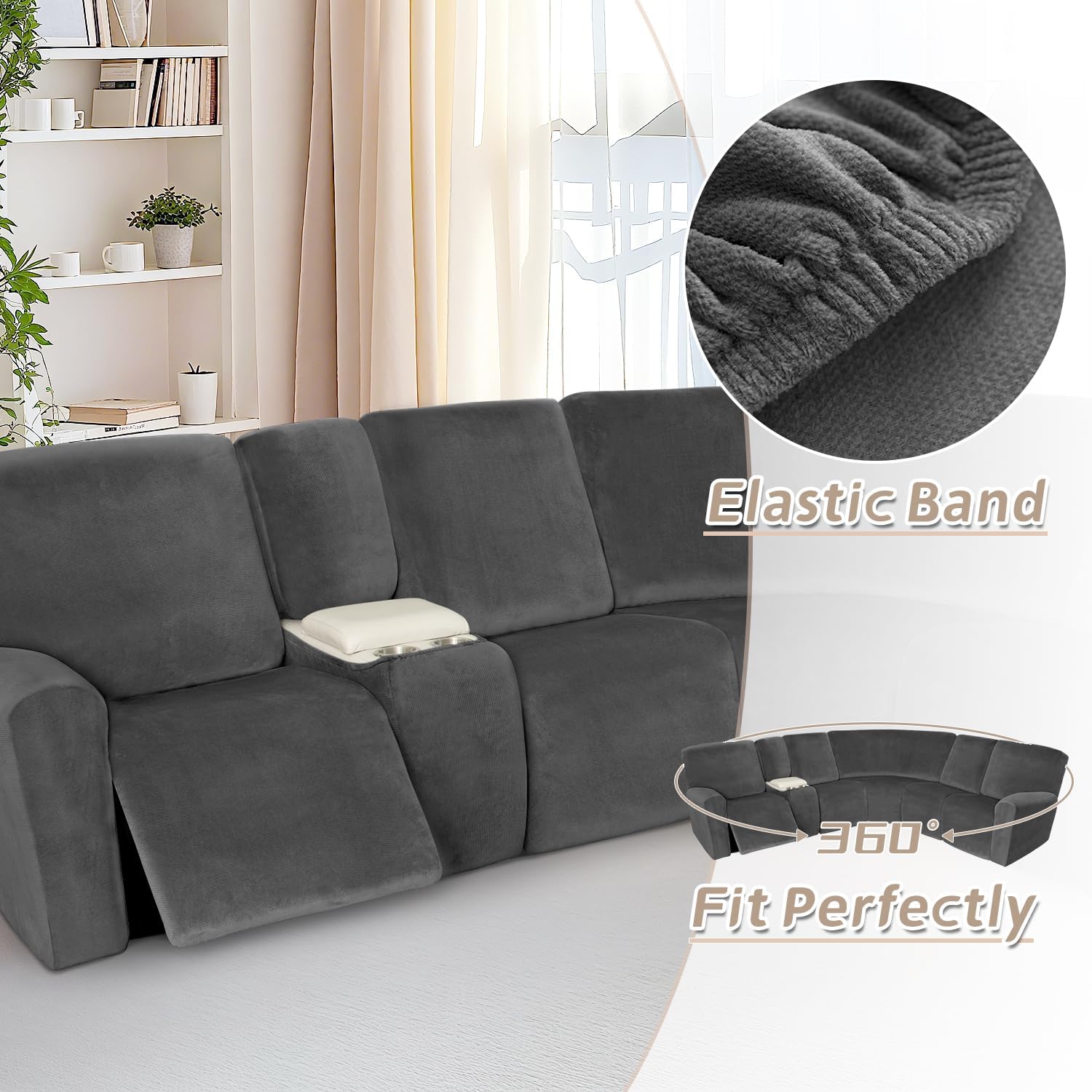Arfntevss Sectional Recliner Couch Covers Velvet Washable Corner Sectional Sofa Cover for Reclining Stretch Soft Thick L Shape Recliner Slipcover Set (5 Seat with 1 Console Cover, Charcoal Gray)