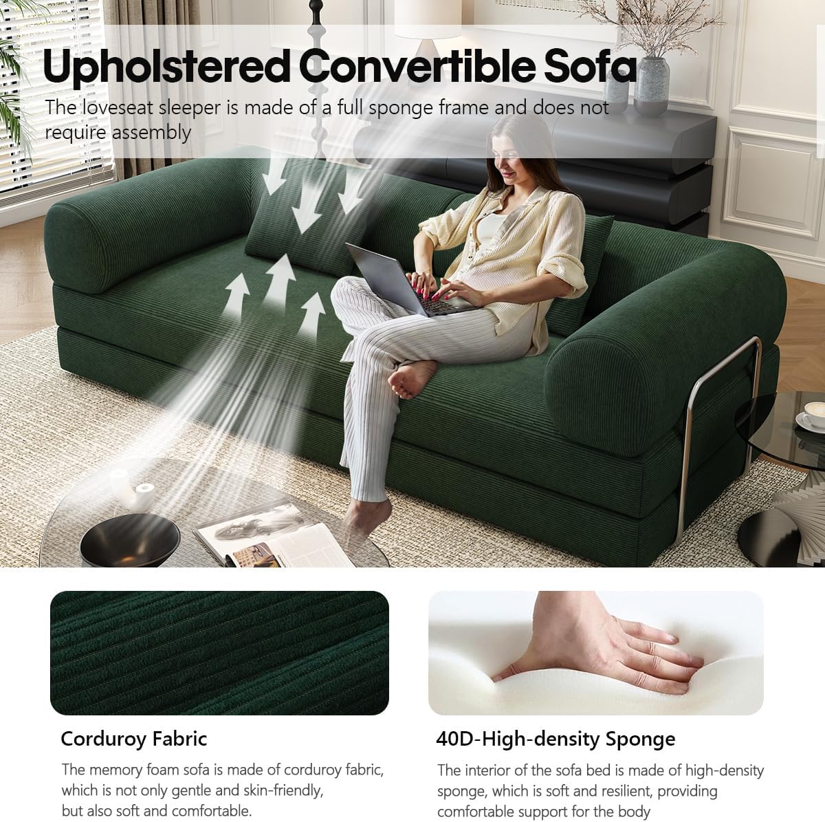 78.8' Modular Sofa Bed - 4-in-1 Convertible Design with Corduroy Fabric and High Density Sponge, Removable Cover and Fixed Frame