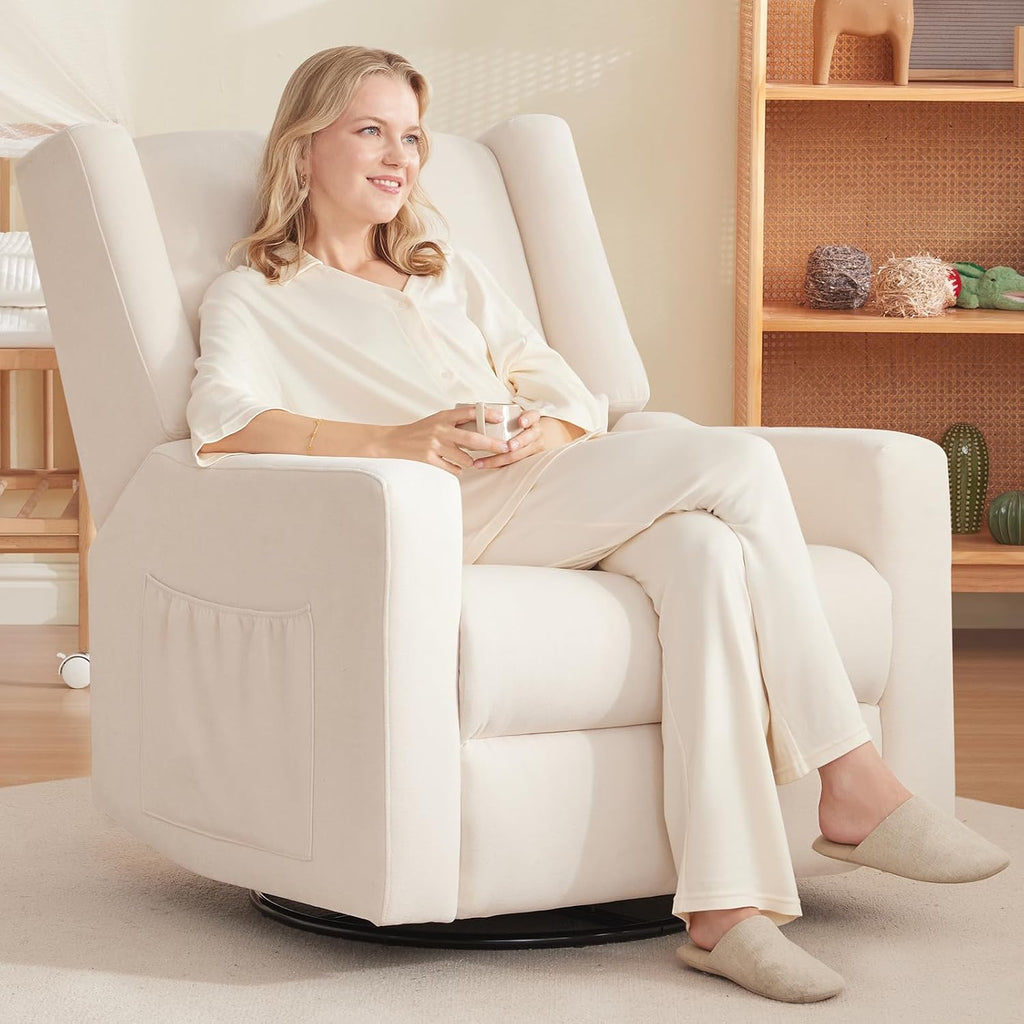 Tbfit Nursery Rocking Chair, 360° Swivel Recliner Chair with Lumbar Support for Bedroom, Comfy Upholstered Armchair with Pillows & Footrest for Living Room & Baby Room