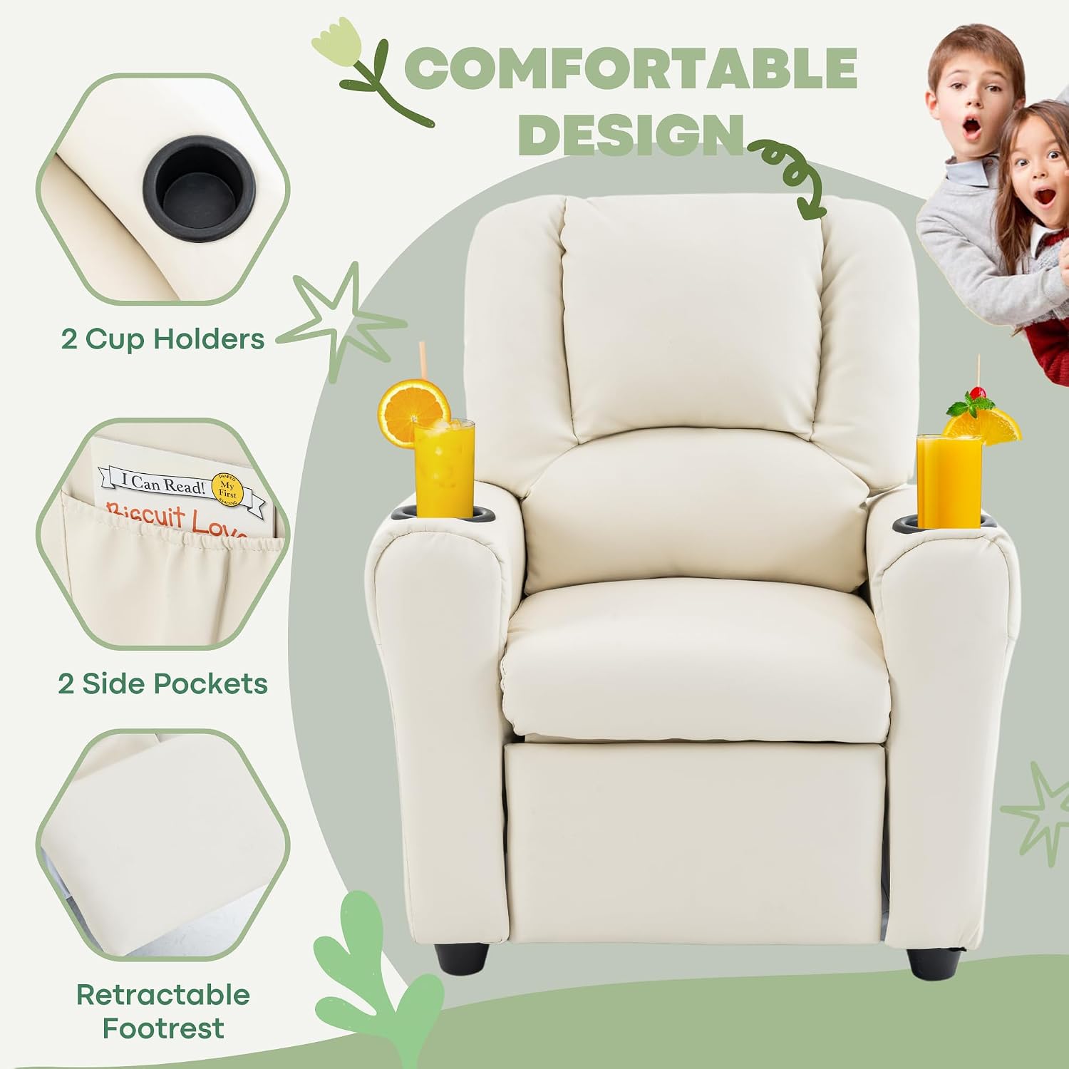 Candy Kids Reclining Chair Leather Recliner Sofa Push Back Toddler Youth Children Child Ages 1-6